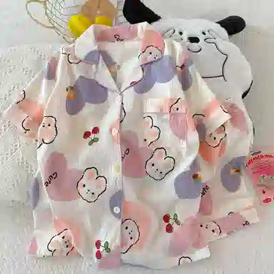 夏芬妍 柔软舒适爱心萌兔云朵棉开衫家居服亲肤休闲短袖短裤时尚可外穿睡衣套装 女款 粉色