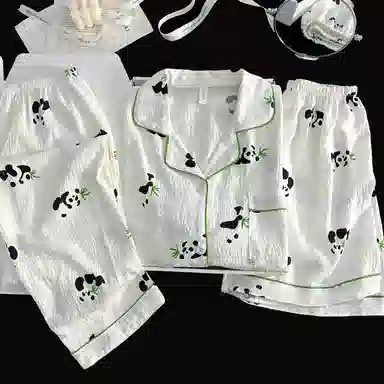 夏芬妍 柔软舒适卡通竹叶熊猫云朵棉翻领开衫家居服亲肤休闲短袖三件套时尚可外穿睡衣套装 女款 杏色