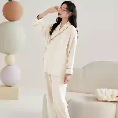 夏芬妍 舒适亲肤纯色带胸垫家居服休闲宽松长袖长裤可外穿产前产后和服月子服睡衣套装 女款 杏色