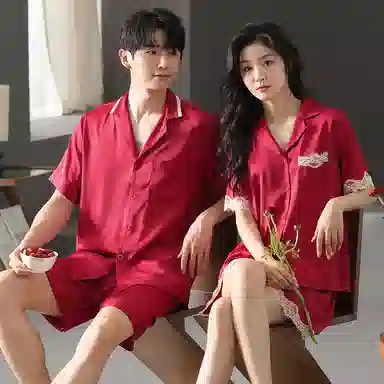 夏芬妍 大红喜庆系列  舒适丝滑柔软结婚本命年翻领冰丝家居服休闲长袖长裤短袖短裤可外穿睡衣套装 男女同款