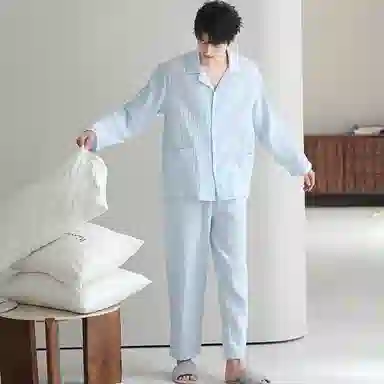 夏芬妍 休闲舒适纯色双层纱婴儿棉翻领开衫家居服柔软亲肤可外穿长袖长裤睡衣套装 男款 蓝色