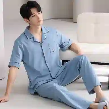 夏芬妍 简约舒适纯色纯棉翻领家居服亲肤宽松休闲短袖短裤长裤三件套时尚可外穿睡衣套装 男款 蓝色