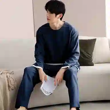 夏芬妍 时尚简约亲肤拼接色纯棉华夫格圆领套头家居服舒适休闲长袖长裤可外穿春秋款睡衣套装 男款 蓝色