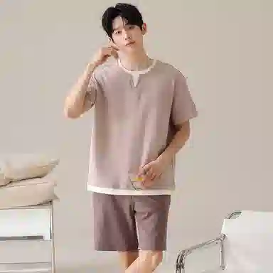 夏芬妍 亲肤舒适假两件纯棉圆领家居服柔软休闲短袖短裤时尚可外穿睡衣套装 男款 棕色