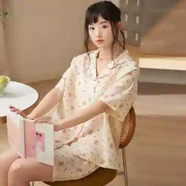 夏芬妍 甜美柔软舒适蝴蝶结小樱桃云朵棉翻领家居服亲肤休闲短袖短裤可外穿睡衣套装 女款 杏色