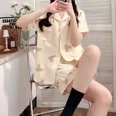 夏芬妍 柔软舒适可爱小熊翻领开衫家居服亲肤休闲短袖短裤可外穿睡衣套装 女款