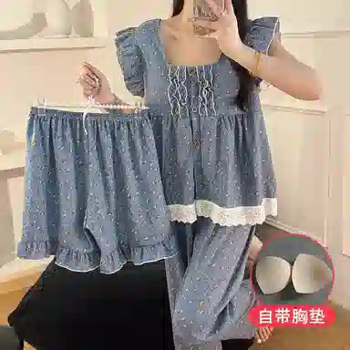 夏芬妍  甜美少女风碎花满印背心家居服舒适柔软休闲带胸垫三件套可外穿睡衣套装 女款
