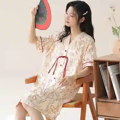 夏芬妍 简约休闲舒适新中式风花朵印花带胸垫睡衣家居服亲肤宽松短袖可外穿睡裙 女款 杏色