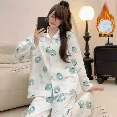 夏芬妍 舒适亲肤小青蛙满印德绒家居服加绒加厚保暖蓄温长袖长裤可外穿秋冬款睡衣礼盒 女款 白绿色