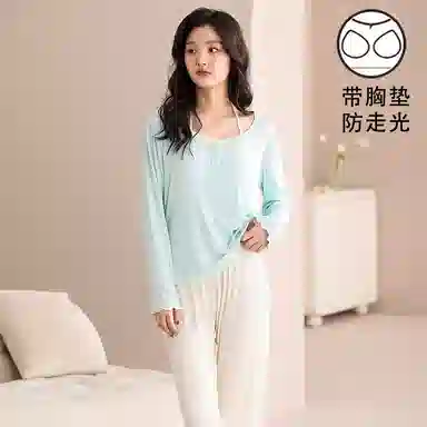 夏芬妍 时尚舒适柔软甜美假两件碎花带胸垫家居服简约休闲亲肤宽松长袖长裤可外穿睡衣套装 女款 绿色