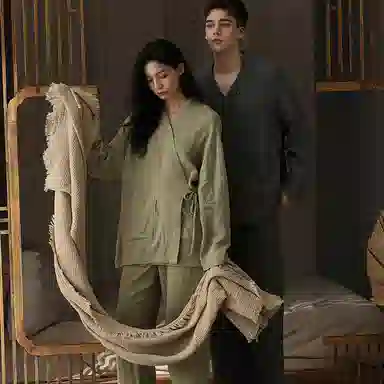 夏芬妍 轻盈舒适柔软侘寂风纯色婴儿棉双层纱开衫家居服休闲亲肤宽松长袖长裤可外穿睡衣套装 男女同款