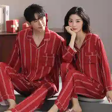 夏芬妍 大红喜庆系列  柔软舒适丝滑结婚本命年翻领条纹冰丝家居服休闲长袖短袖长裤可外穿睡衣套装 男女同款