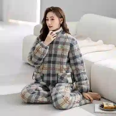 夏芬妍 舒适休闲复古经典格纹立领开衫三层夹棉家居服宽松长袖长裤可外穿秋冬款睡衣套装 女款 橄榄绿