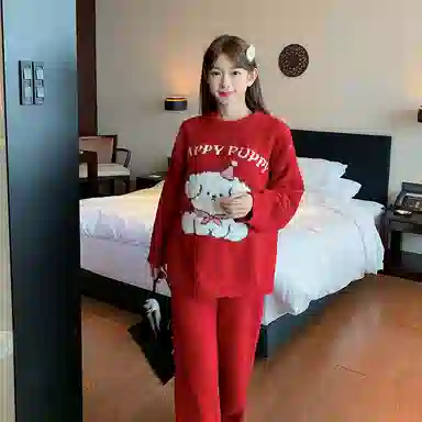 夏芬妍 简约甜美柔软亲肤快乐小狗英文套头半边绒家居服加绒加厚蓄温保暖长袖长裤可外穿秋冬款睡衣套装 女款 红色