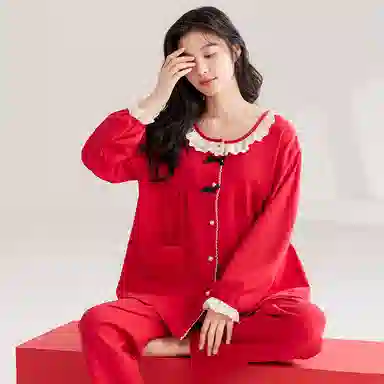 夏芬妍 亲肤舒适蕾丝花边拼接蝴蝶结纯棉家居服简约休闲长袖长裤可外穿喜庆本命年睡衣套装 女款 红色