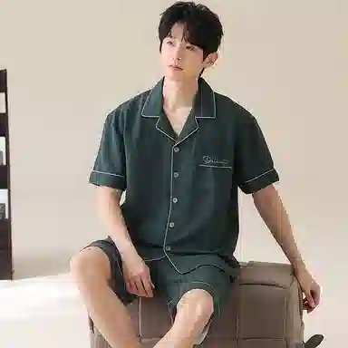 夏芬妍 简约舒适柔软翻领家居服亲肤休闲短袖上衣可外穿五分裤睡衣套装 男款 墨绿色