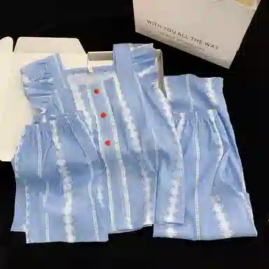 夏芬妍 甜美少女风蕾丝条纹小飞袖家居服舒适柔软休闲带胸垫三件套可外穿睡衣套装 女款