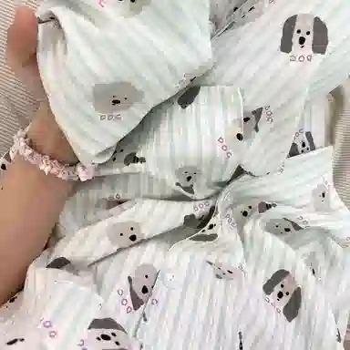 夏芬妍 柔软舒适条纹萌狗云朵棉翻领开衫家居服亲肤休闲短袖三件套时尚可外穿睡衣套装 女款 蓝色