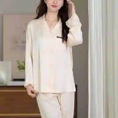 夏芬妍 时尚高级感条纹冰丝翻领家居服简约休闲舒适亲肤宽松长袖长裤可外穿睡衣套装 女款 香槟粉