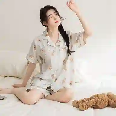 夏芬妍 甜美可爱卡通婴儿棉双层纱翻领短袖短裤家居服简约休闲可外穿睡衣套装 女款