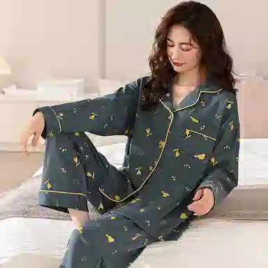 夏芬妍 亲肤舒适郁金香小鸟翻领纯棉家居服简约休闲宽松长袖长裤可外穿睡衣套装 女款 藏青色