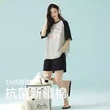 夏芬妍 柔软舒适透气亲肤条纹萌狗圆领家居服休闲凉感短袖时尚可外穿睡衣套装 女款 黑色