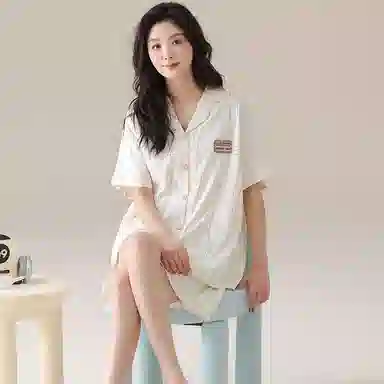夏芬妍 简约休闲简约条纹云朵棉翻领舒适亲肤宽松短袖短裤时尚可外穿家居服睡衣套装 男女同款 杏色