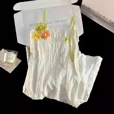 夏芬妍 甜美少女风柔软纯色花朵云朵棉亲肤休闲时尚吊带带胸垫可外穿睡衣家居服睡裙 女款