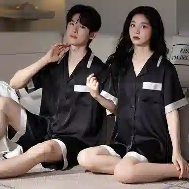 夏芬妍 简约高级感舒适凉感撞色缎面冰雪丝翻领家居服亲肤休闲短袖短裤时尚可外穿夏季薄款睡衣套装 男女同款 黑色