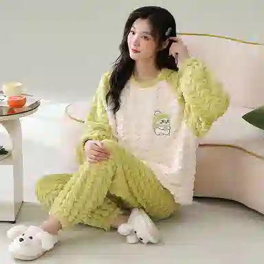 夏芬妍 舒适柔软圆领家居服加厚蓄温保暖长袖长裤可外穿睡衣套装 女款 绿色