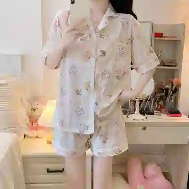 夏芬妍 柔软舒适可爱小猫咪云朵棉翻领开衫家居服亲肤休闲短袖短裤可外穿睡衣套装 女款 杏色