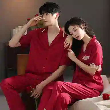 夏芬妍 大红喜庆系列  舒适丝滑柔软结婚本命年翻领冰丝家居服休闲长袖长裤短袖短裤可外穿睡衣套装 男女同款