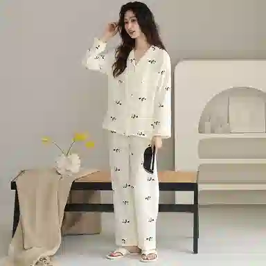 夏芬妍 休闲舒适熊猫满印婴儿棉翻领开衫家居服柔软亲肤可外穿长袖长裤 睡衣套装 女款 杏色
