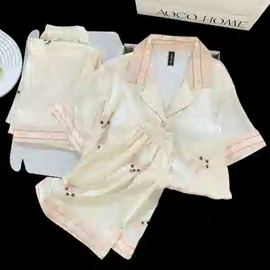 夏芬妍 简约休闲高级感法斗冰丝翻领带胸垫家居服舒适亲肤宽松长袖长裤可外穿睡衣套装 女款 杏色