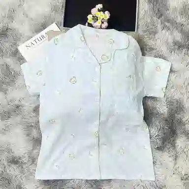 夏芬妍 简约卡通满印圆点小熊翻领云朵棉短袖长裤家居服可爱舒适休闲可外穿睡衣套装 女款 蓝色