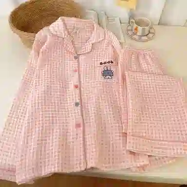 夏芬妍 简约甜美风格子小兔棉纱翻领家居服亲肤休闲舒适长袖长裤可外穿春秋款睡衣套装 女款 粉色