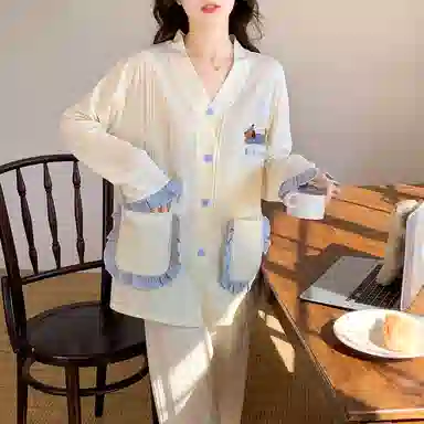 夏芬妍 甜美休闲舒适可爱腊肠狗提花开衫家居服亲肤宽松长袖长裤时尚可外穿睡衣套装 女款 杏色