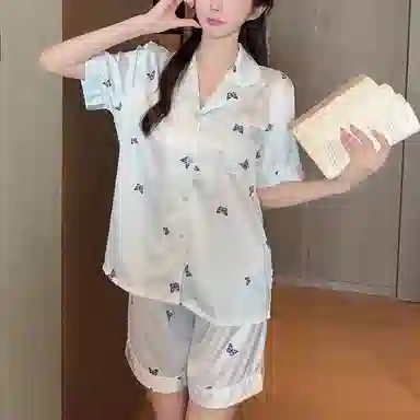 夏芬妍 裸感丝滑舒适柔软蝴蝶翻领冰丝短袖短裤简约可外穿家居服睡衣套装 女款 碎冰蓝