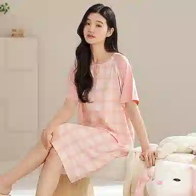 夏芬妍 时尚柔软亲肤经典格子圆领家居服简约休闲舒适短袖睡衣可外穿睡裙 女款 粉色