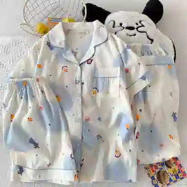 夏芬妍 柔软舒适卡通云朵棉翻领开衫家居服亲肤休闲短袖三件套时尚可外穿睡衣套装 女款 蓝色