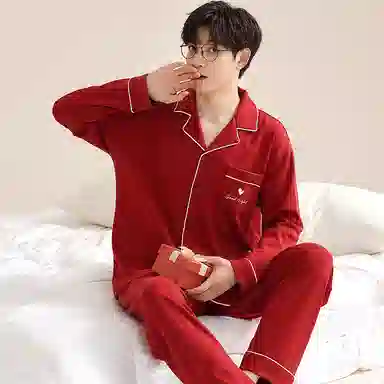 夏芬妍 亲肤舒适爱心贴袋翻领纯棉家居服简约休闲长袖长裤可外穿喜庆本命年睡衣套装 男款 红色