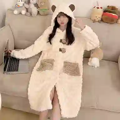 夏芬妍 舒适亲肤柔软可爱小熊卡通连帽家居服加绒加厚蓄温保暖长袖可外穿秋冬款睡袍/浴袍 女款 杏色