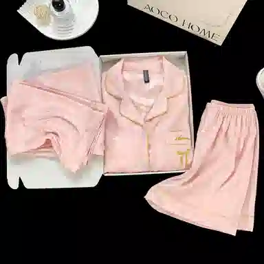 夏芬妍 简约休闲高级感蝴蝶结冰丝翻领带胸垫家居服舒适亲肤宽松短袖三件套可外穿睡衣套装 女款 粉色