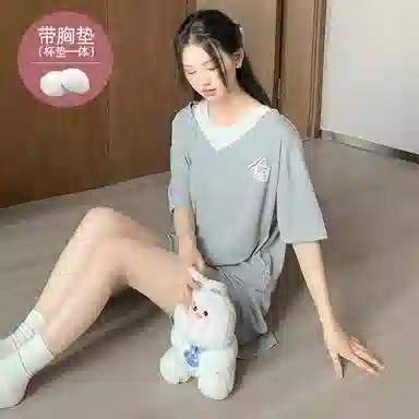 夏芬妍 柔软舒适甜美纯色假两件冰丝螺纹家居服亲肤休闲带胸垫短袖短裤时尚可外穿睡衣套装 女款 灰色