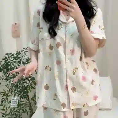 夏芬妍 柔软舒适戴帽小狗云朵棉翻领开衫家居服亲肤休闲短袖三件套时尚可外穿睡衣套装 女款 杏色
