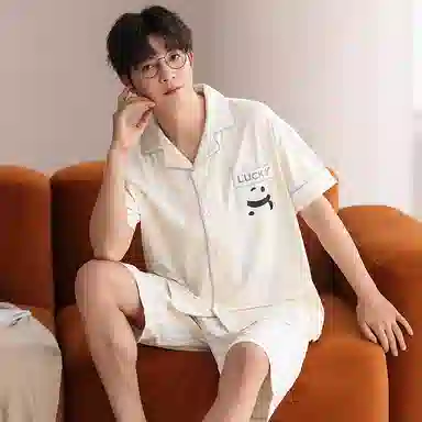 夏芬妍 柔软舒适条纹熊猫纯棉翻领家居服休闲舒适短袖短裤时尚可外穿 睡衣套装 男女同款