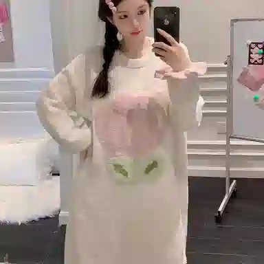 夏芬妍 简约甜美柔软亲肤郁金香花边半边绒家居服加绒加厚蓄温保暖长袖可外穿秋冬款睡裙 女款 白色