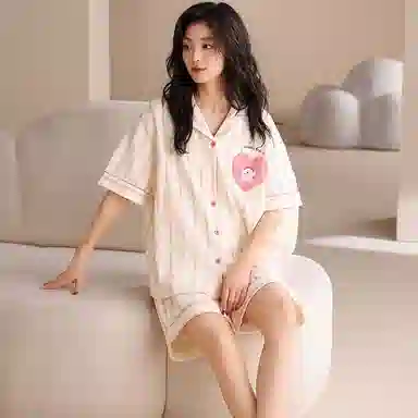 夏芬妍 甜美可爱条纹爱心小狗舒适亲肤宽松短袖短裤时尚翻领可外穿家居服睡衣套装 女款 杏色