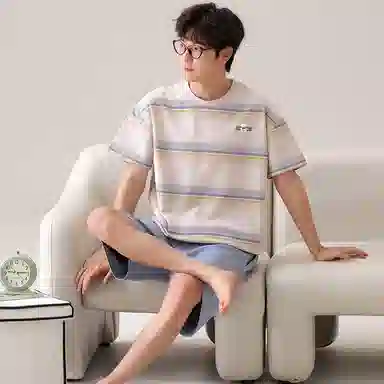 夏芬妍 柔软舒适条纹纯棉圆领家居服休闲舒适短袖时尚可外穿睡衣套装 男女同款