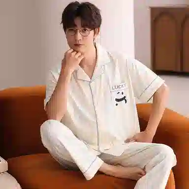 夏芬妍 柔软舒适条纹熊猫纯棉翻领家居服休闲舒适短袖短裤时尚可外穿 睡衣套装 男女同款